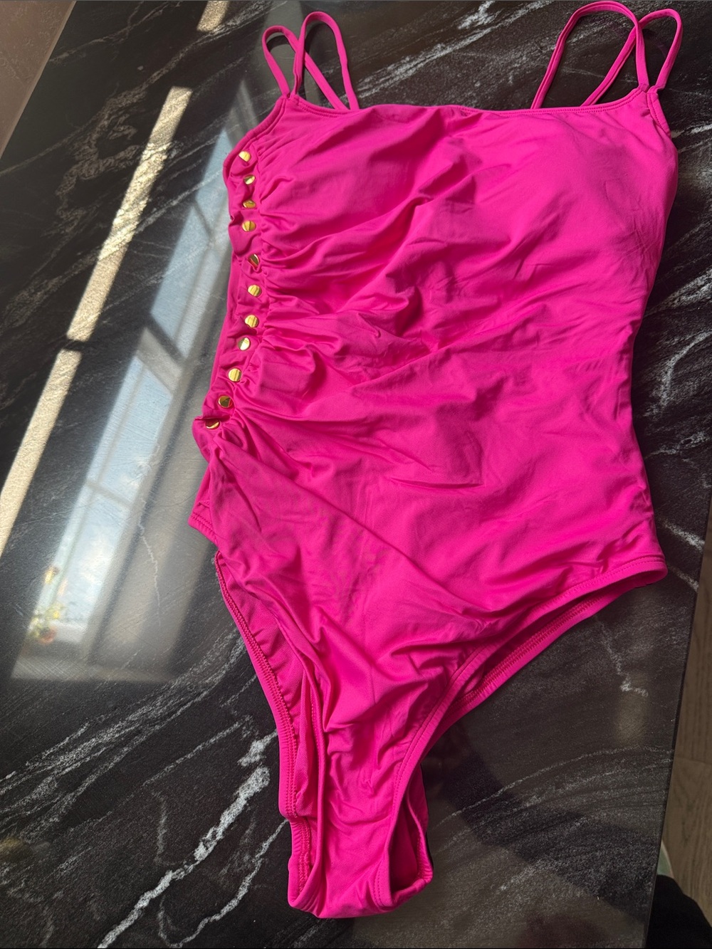 Bleu Rod Beattie Hot Pink One-Piece Swimsuit with Gold Accents